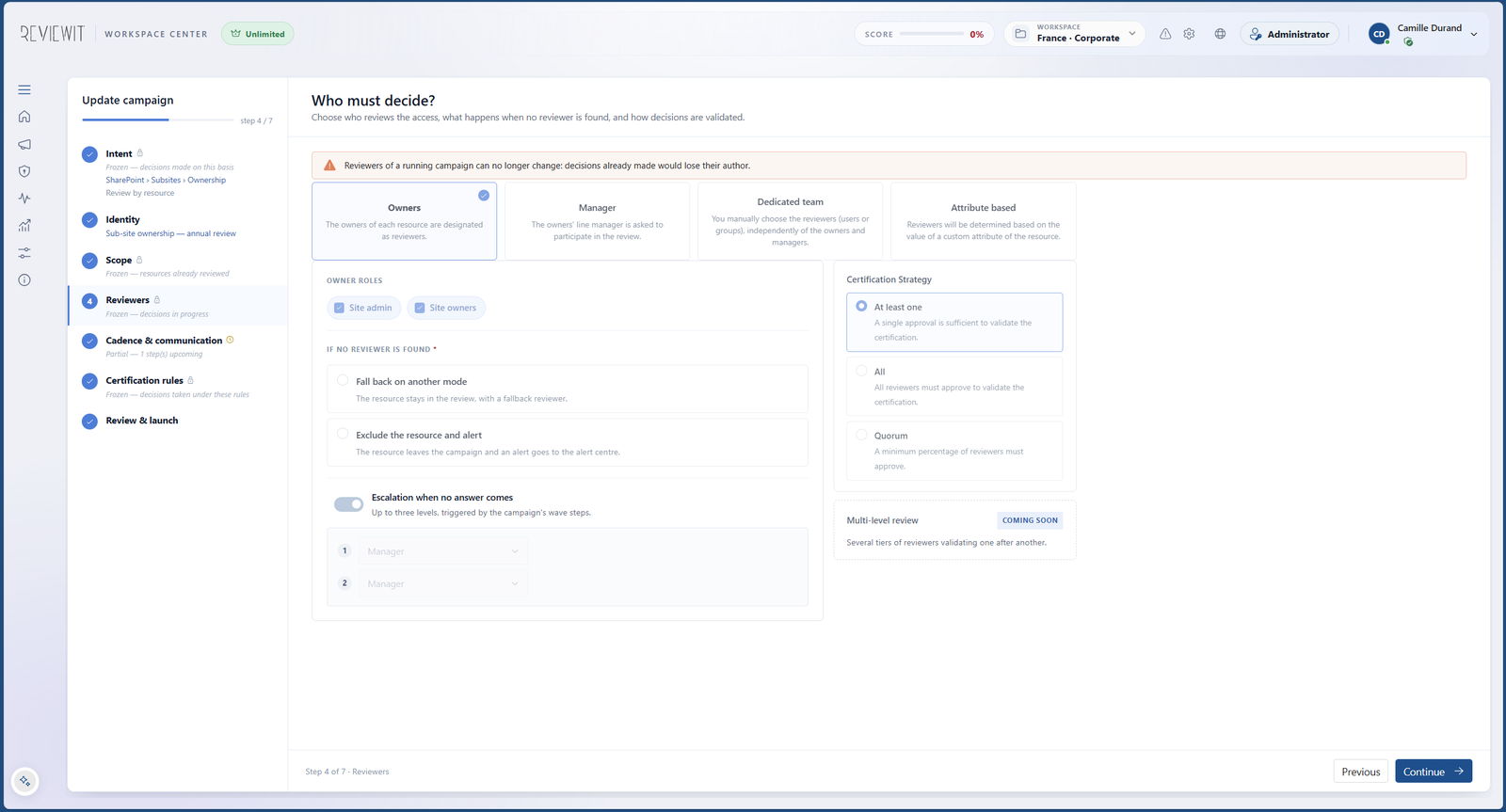 Step 4 of 7 · Reviewers, on a running campaign